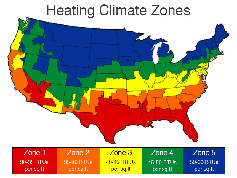 Graphic of US showing climate zones in determining correct furnace size BTU